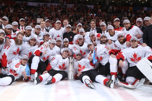 TORONTO, ON - SEPTEMBER 29: Team Canada celebrates after a 2-1 win over Team Europe during Game Two of the World Cup of Hockey final series at the Air Canada Centre on September 29, 2016 in Toronto, Ontario, Canada.  (Photo by Andre Ringuette/World Cup of Hockey via Getty Images)