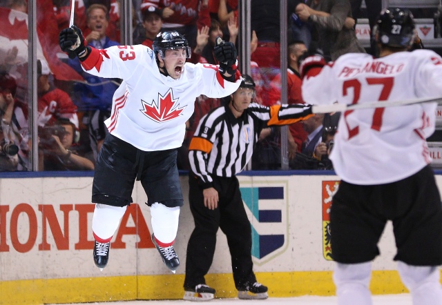 TORONTO, ON - SEPTEMBER 29: Brad Marchand #63 of Team Canada celebrates after scoring a third period goal against Team Europe during Game Two of the World Cup of Hockey final series at the Air Canada Centre on September 29, 2016 in Toronto, Canada. Team Canada defeated Team Europe 2-1.  (Photo by Chris Tanouye/Getty Images)