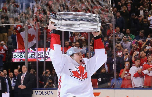 TORONTO, ON - SEPTEMBER 29:  Sidney Crosby #87 of Team Canada celebrates after a 2-1 victory over Team Europe during Game Two of the World Cup of Hockey final series at the Air Canada Centre on September 29, 2016 in Toronto, Canada.  (Photo by Bruce Bennett/Getty Images)
