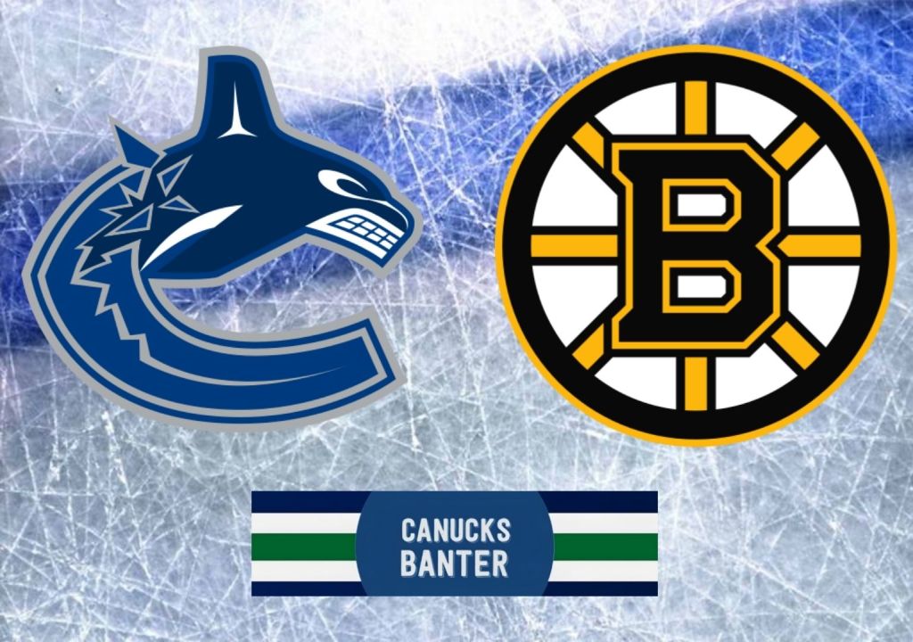 Logos of the Vancouver Canucks and Boston Bruins on a textured ice background, with the text 'Canucks Banter.'