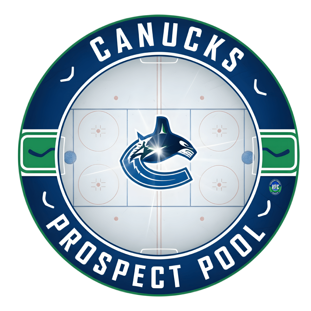 Logo featuring the Vancouver Canucks emblem with the words 'Canucks Prospect Pool' and a background design resembling an ice hockey rink.