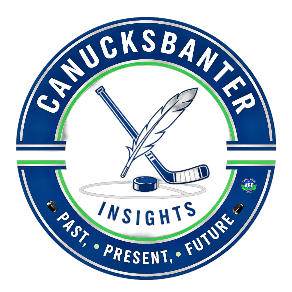 Logo for CanucksBanter featuring crossed hockey sticks and a feather quill, with the words 'CanucksBanter Insights' and 'Past, Present, Future' in a circular design.
