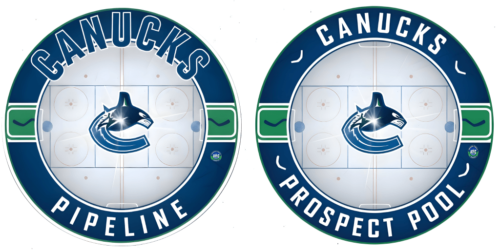 Graphic featuring two circular logos: one labeled 'CANUCKS PIPELINE' and the other 'CANUCKS PROSPECT POOL', both displaying the Vancouver Canucks logo in the center against a hockey rink background.