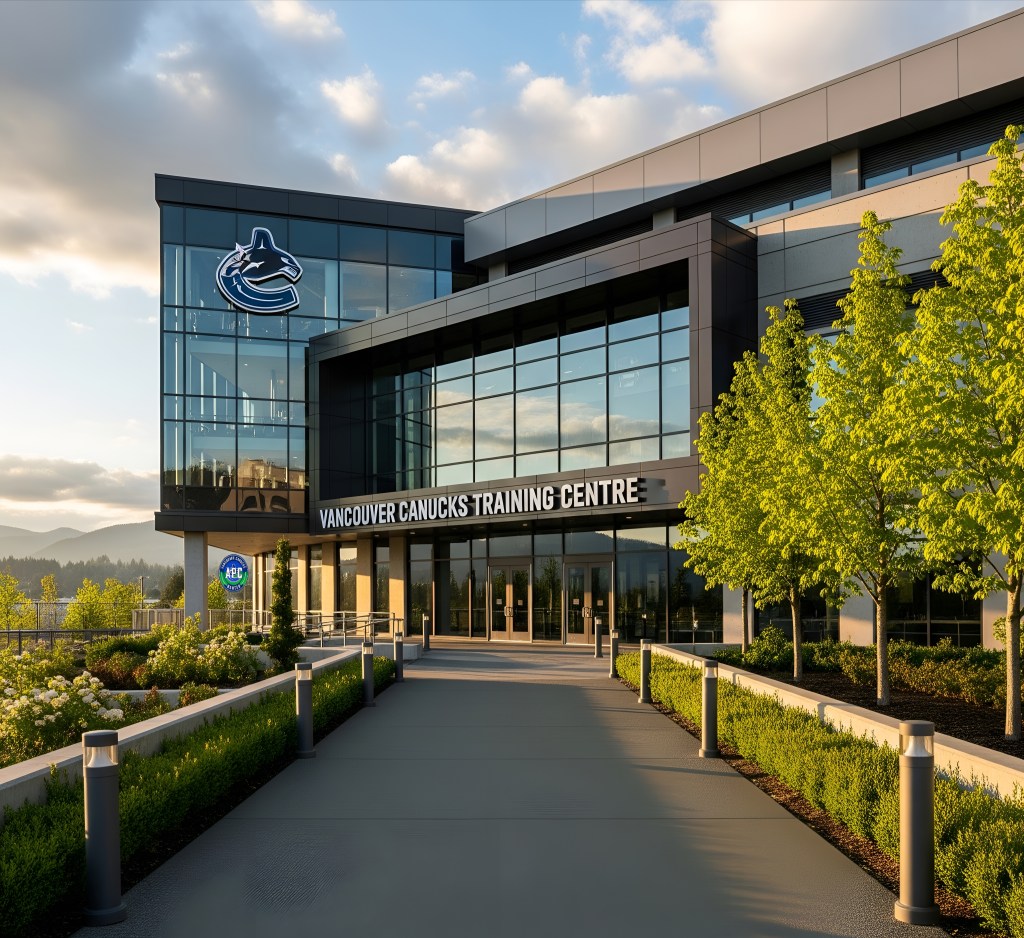 Exterior view of the Vancouver Canucks Training Centre, showcasing modern architecture and landscaped entrance.