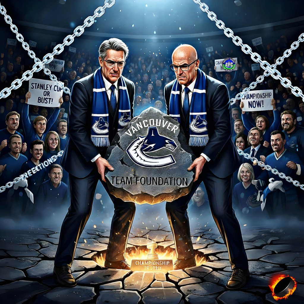 Illustration of two men in suits holding a large stone inscribed with 'Vancouver Team Foundation' in front of a cheering crowd, symbolizing the foundation of the Vancouver Canucks hockey team amidst chains and a fiery background.