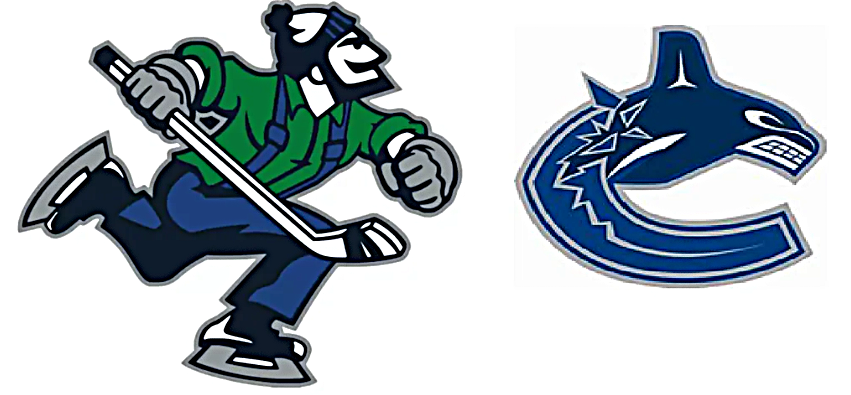 Logos of the Abbotsford Canucks and Vancouver Canucks, featuring a cartoon figure skating with a hockey stick and the Canucks' stylized whale logo.