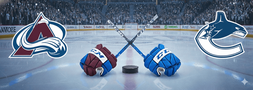 Graphic featuring the logos of the Colorado Avalanche and Vancouver Canucks, with crossed hockey sticks and a puck on an ice rink.
