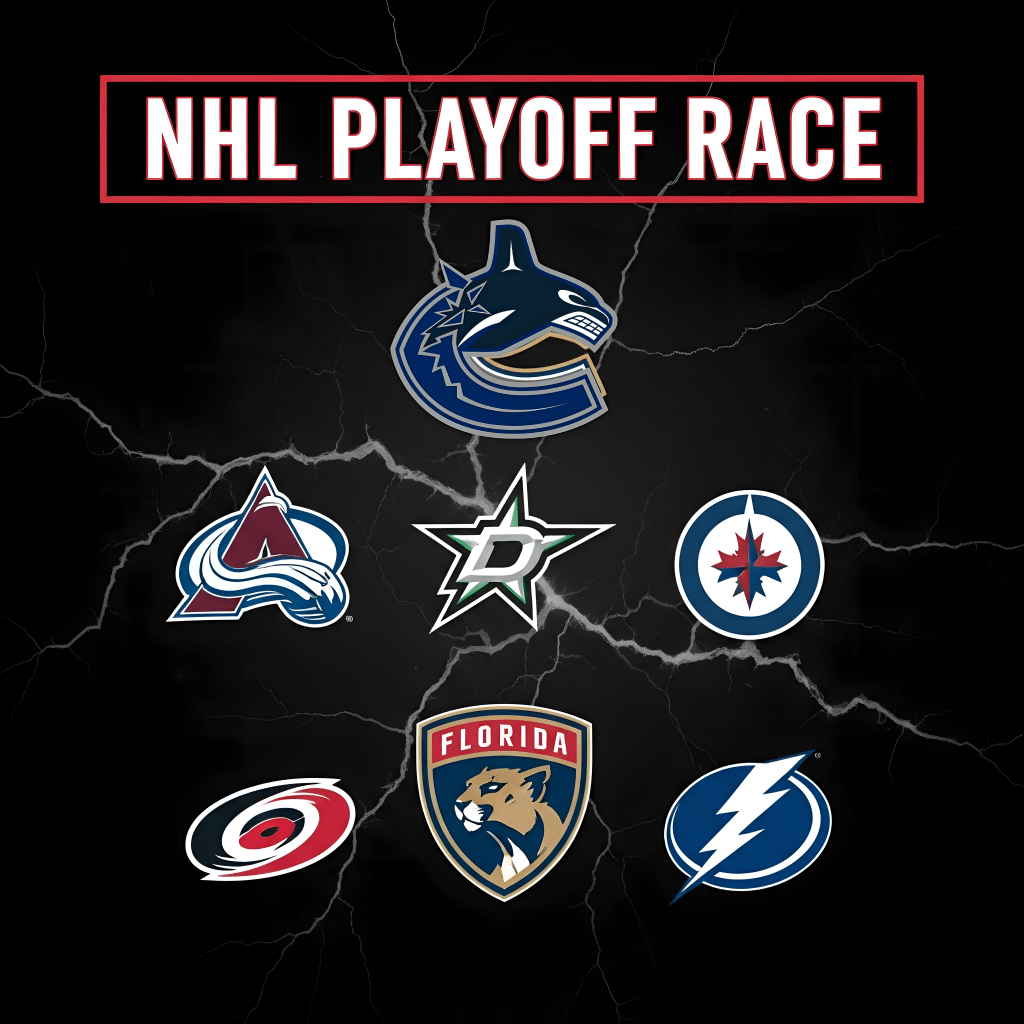 Graphic showing NHL team logos of the Vancouver Canucks, Colorado Avalanche, Dallas Stars, Winnipeg Jets, Florida Panthers, Carolina Hurricanes, and Tampa Bay Lightning with the title 'NHL Playoff Race' in bold white letters on a black background.