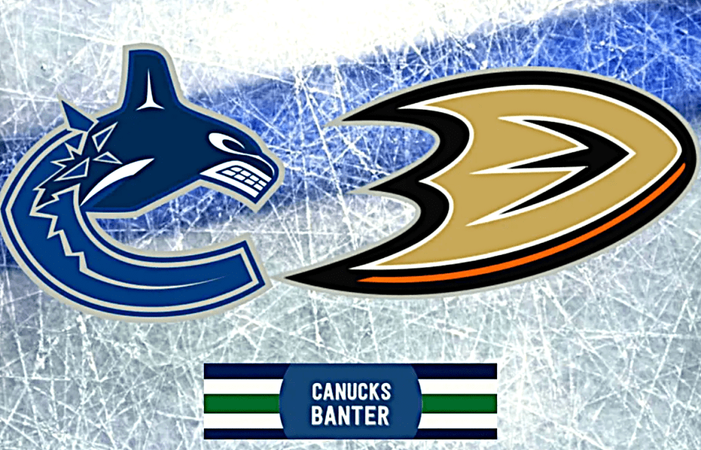 Logos of the Vancouver Canucks and the Anaheim Ducks with a background of ice, featuring the text 'CANUCKS BANTER' below.