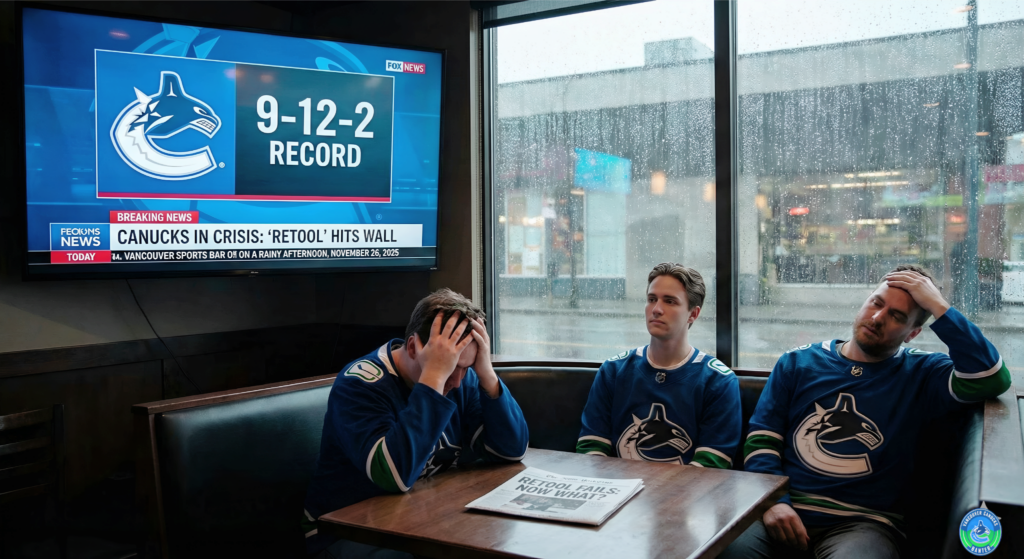 Three Vancouver Canucks fans sitting in a sports bar, displaying frustration. The TV in the background shows the team's current record of 9-12-2, with a headline about the team's operational crisis.