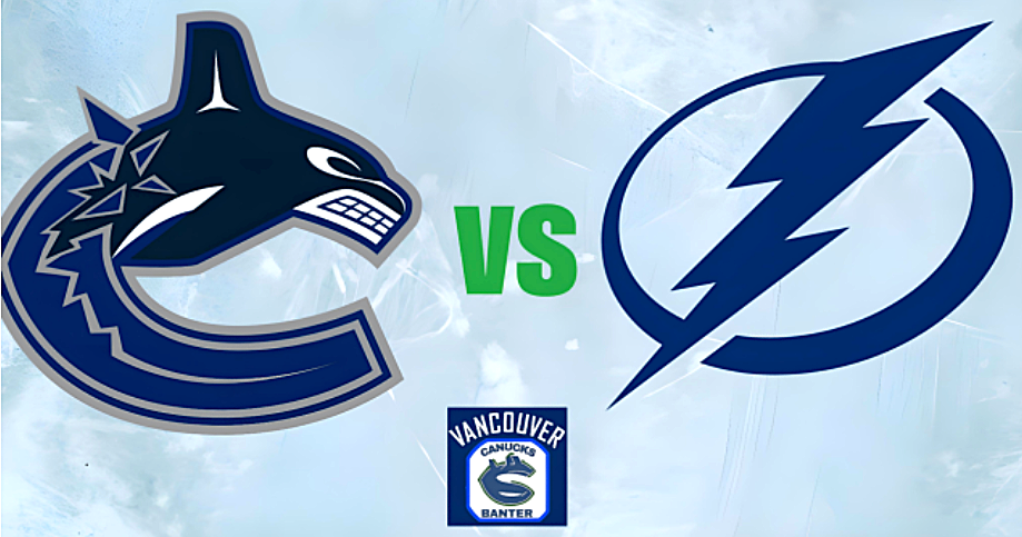 Vancouver Canucks logo versus Tampa Bay Lightning logo with a background design featuring ice, highlighting the matchup for a hockey game.