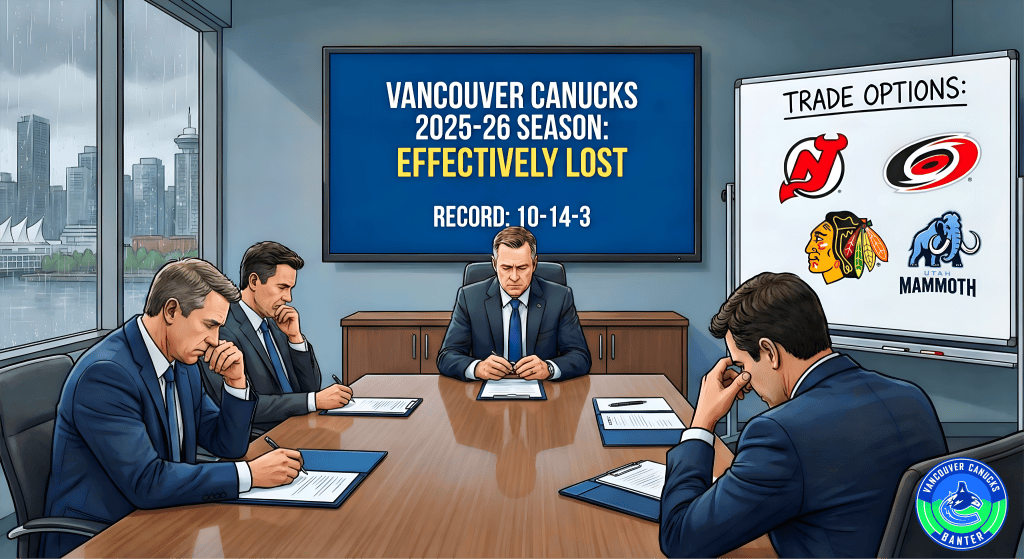 A group of four business professionals in suits sitting around a conference table, discussing the Vancouver Canucks' tough season and potential trade options, with a city skyline visible through a window and a whiteboard displaying trade options.