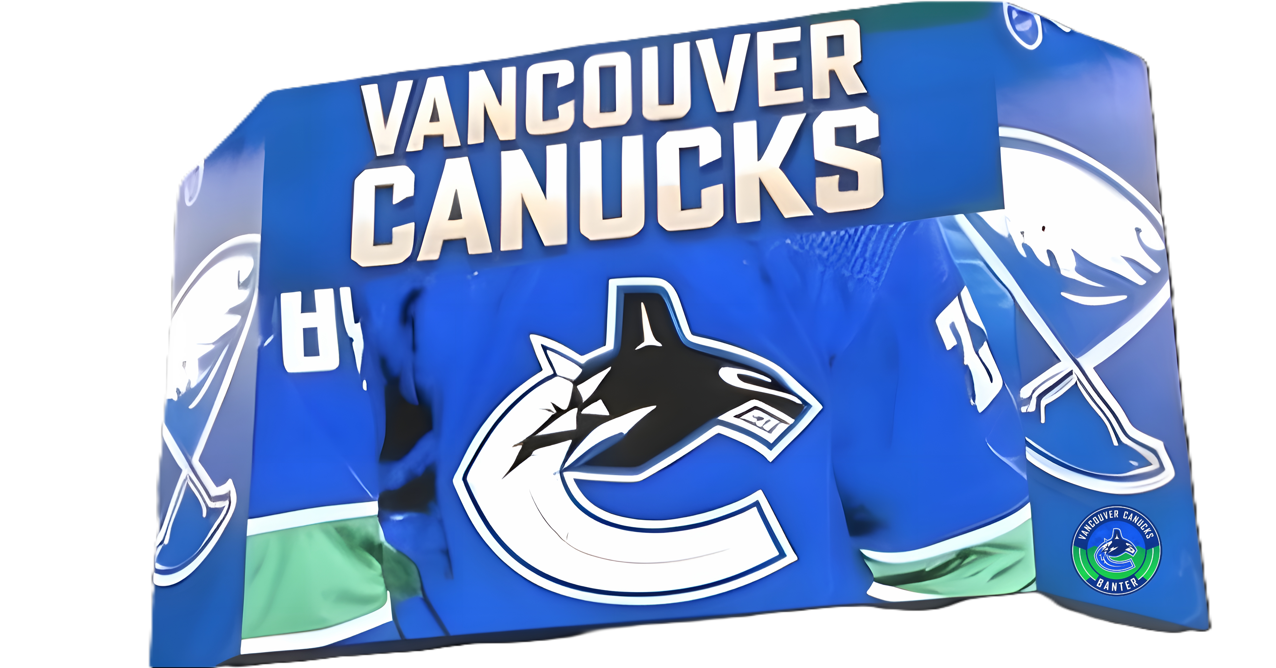 Vancouver Canucks logo displayed prominently against a blue background, featuring elements of the team's branding.