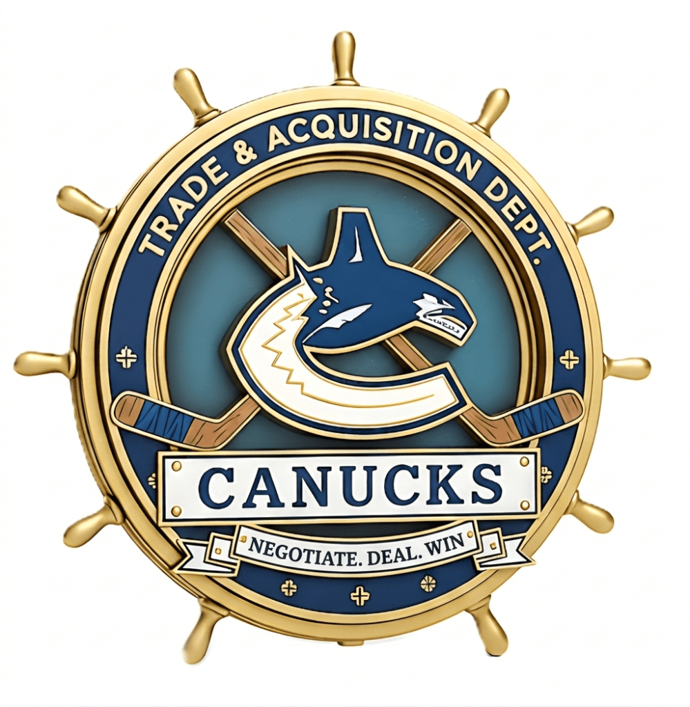 Logo of the Vancouver Canucks featuring a whale emblem, crossed hockey sticks, and the text 'Trade & Acquisition Dept. Canucks Negotiate. Deal. Win.'