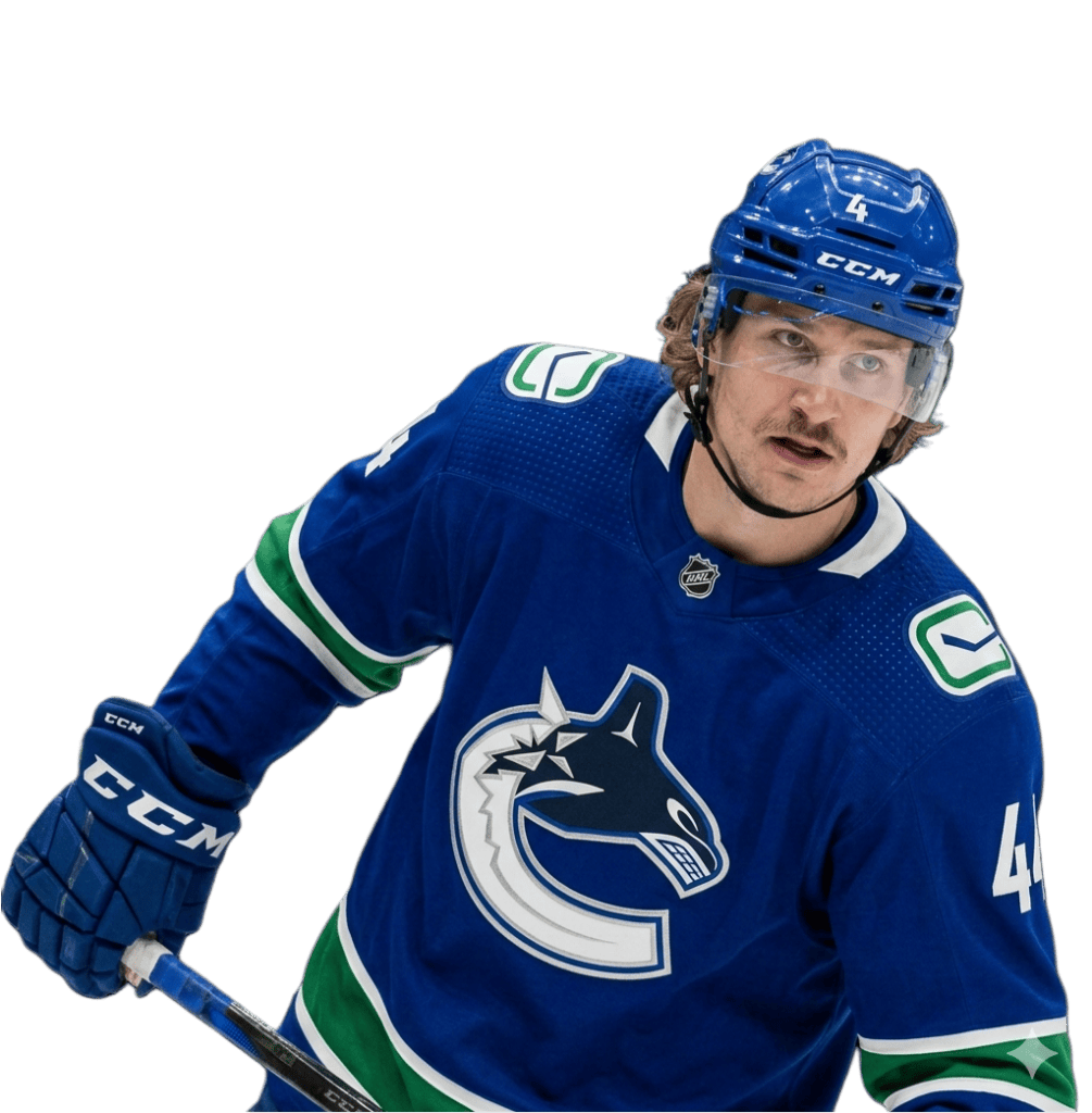 A hockey player wearing a blue jersey with a green and white logo, holding a hockey stick, and looking towards the camera.