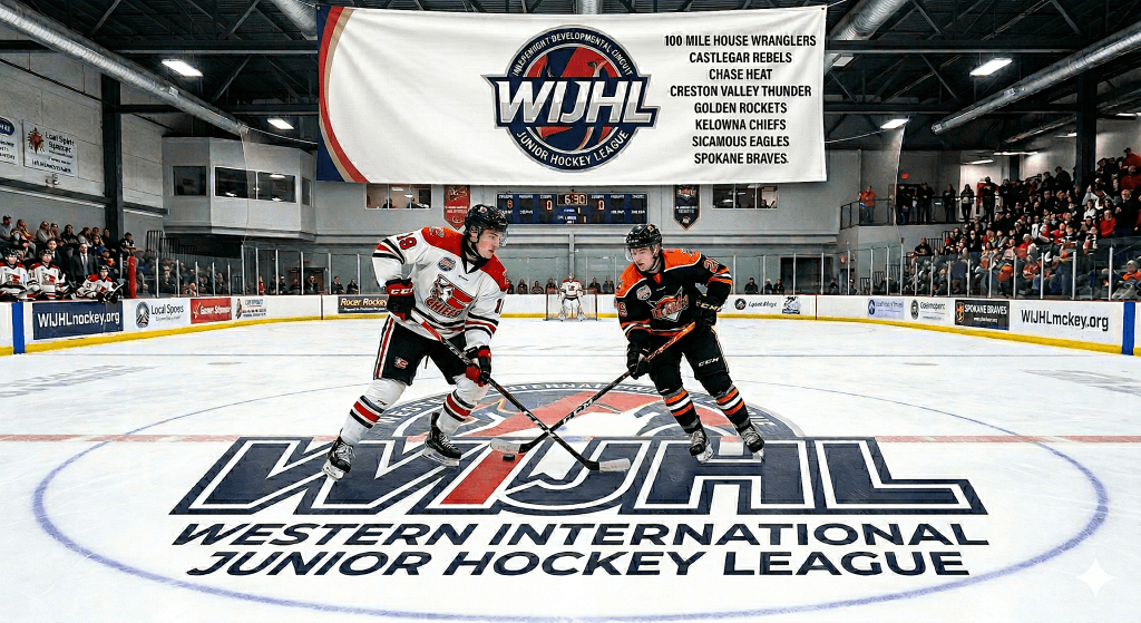 Two hockey players face off at center ice during a game in the Western International Junior Hockey League, with a large league banner visible above.
