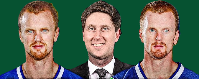 Two hockey players with similar features and a smiling man in a suit between them, set against a green background.