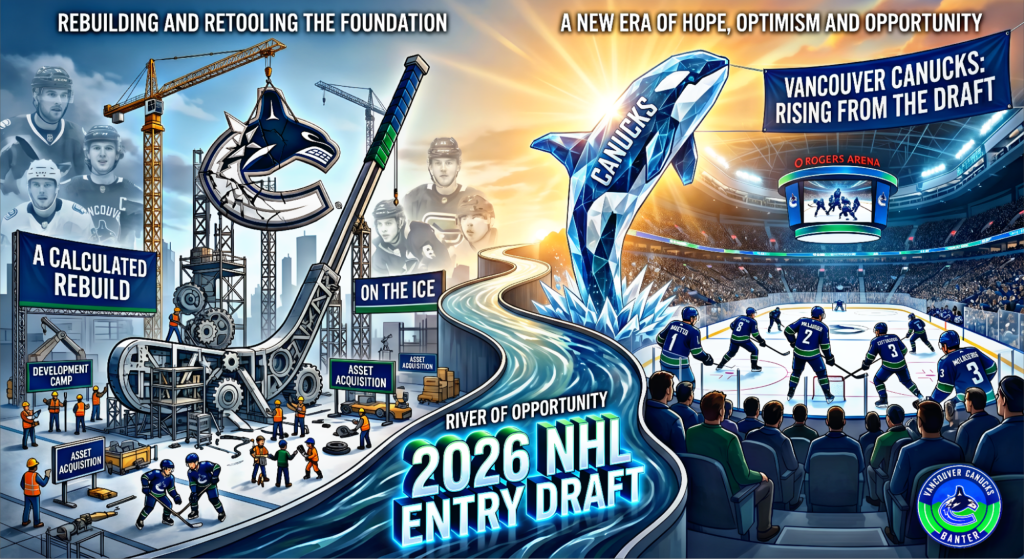 Illustration depicting the Vancouver Canucks' 2026 NHL Entry Draft initiative, showcasing themes of rebuilding and opportunity with a focus on player development and asset acquisition, featuring a stylized hockey stick and a shark symbolizing growth and potential.