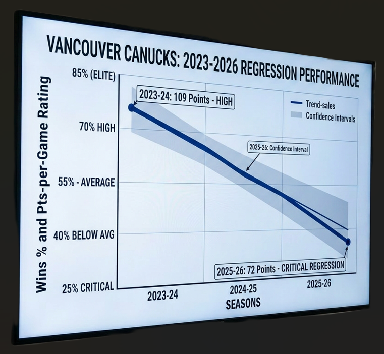 Graph illustrating the Vancouver Canucks' regression performance forecast from 2023 to 2026, showing projected wins percentage and points per game ratings. Notable data points include a high of 109 points in the 2023-24 season and a critical regression forecast of 72 points in the 2025-26 season.