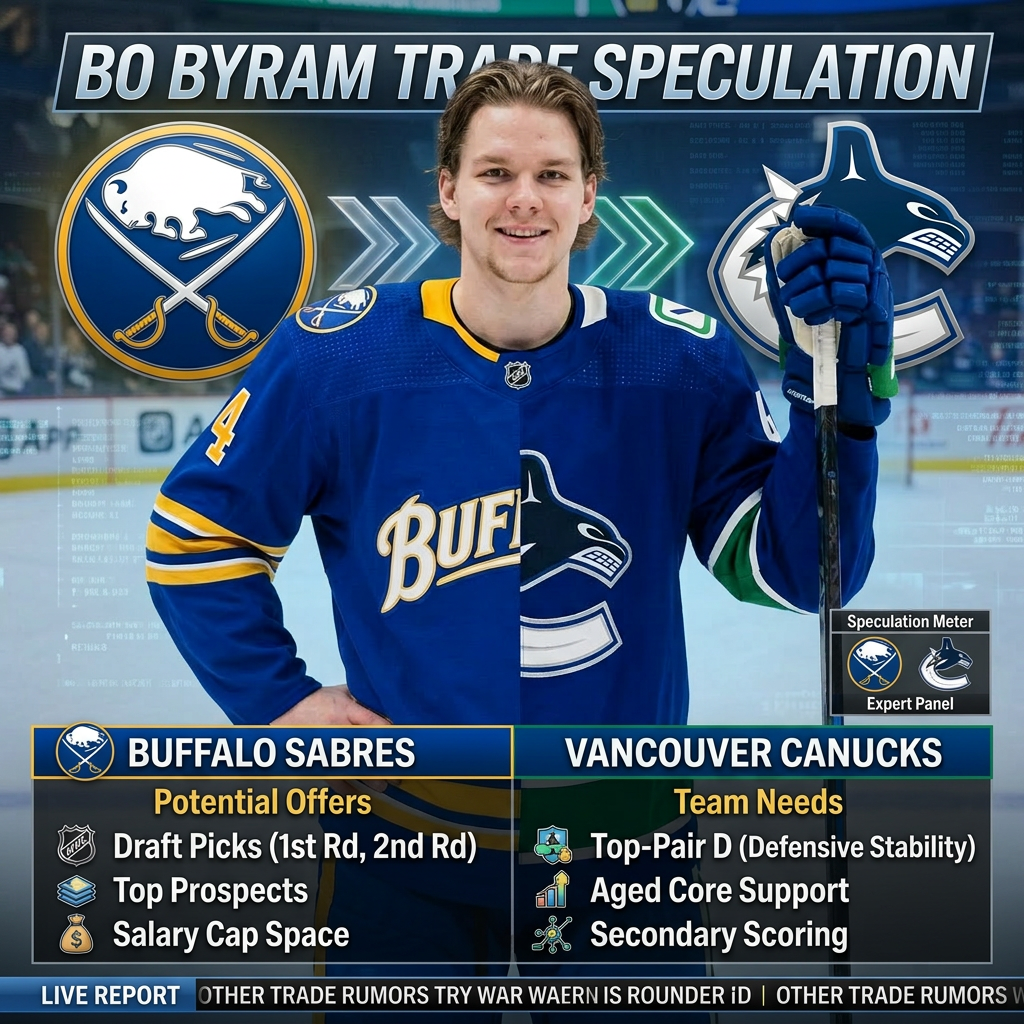 Image showcasing Bo Byram trade speculation between the Buffalo Sabres and Vancouver Canucks, featuring team logos and a split image of a player in hockey gear. The left side highlights potential offers from the Sabres, while the right side lists team needs for the Canucks.