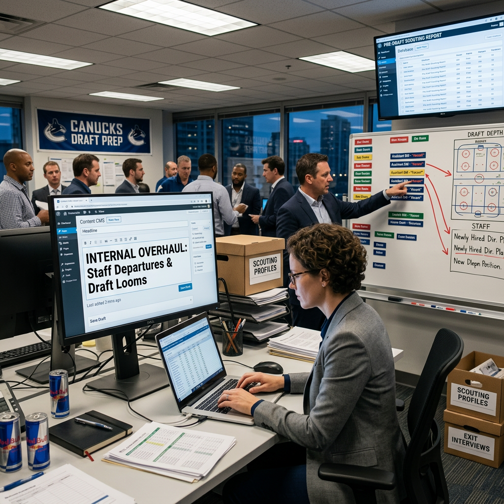 A busy office setting with multiple professionals discussing draft strategies and staff departures. In the foreground, a woman types on a laptop with analytics displayed, while in the background, a group is engaged around a whiteboard with a draft depth chart and staff assignments.