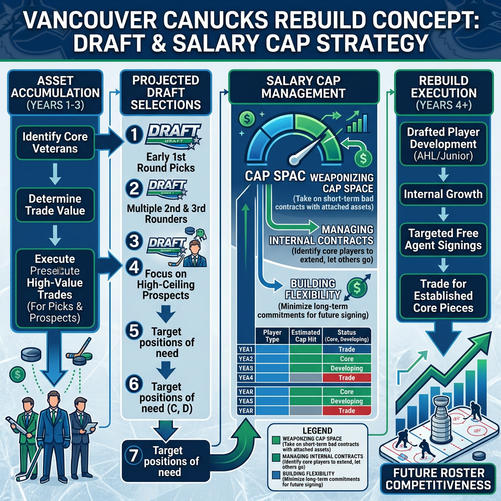 Infographic detailing the Vancouver Canucks' rebuild concept focusing on draft and salary cap strategy with sections on asset accumulation, projected draft selections, salary cap management, and rebuild execution.