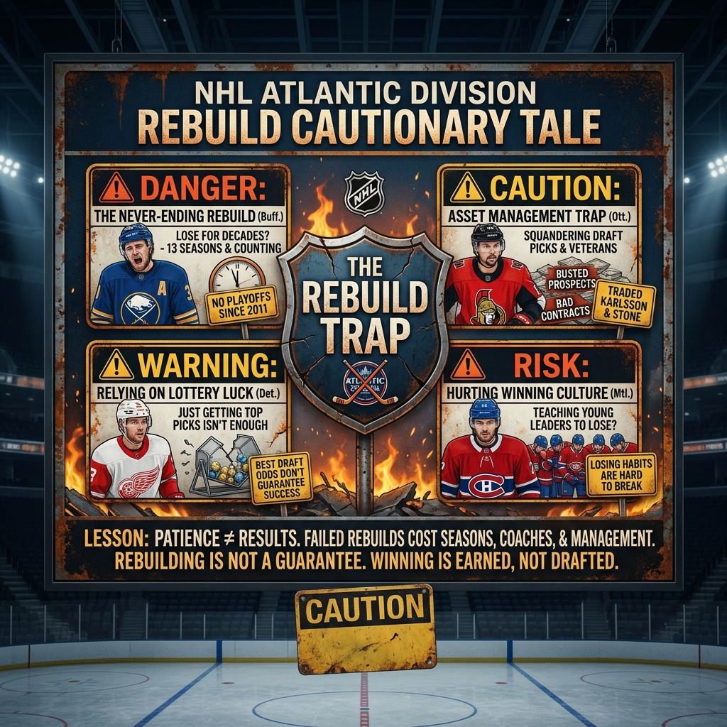NHL Atlantic Division rebuild challenges infographic showing warnings and risks for Buffalo, Ottawa, Detroit, and Montreal teams