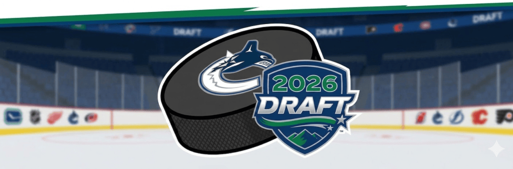 A graphic featuring a hockey puck and the text '2026 DRAFT', with a stylized logo and an ice rink background.