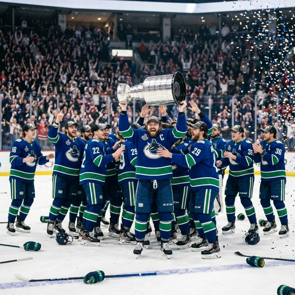 A hockey team celebrates on the ice, lifting the Stanley Cup trophy amidst confetti and cheers from the crowd.