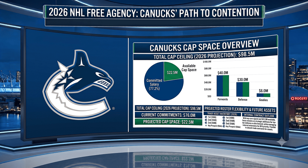 Graphic showcasing the Vancouver Canucks' salary cap space overview for the 2026 NHL season, including projected total cap ceiling of $98.5 million and current commitments of $76 million.
