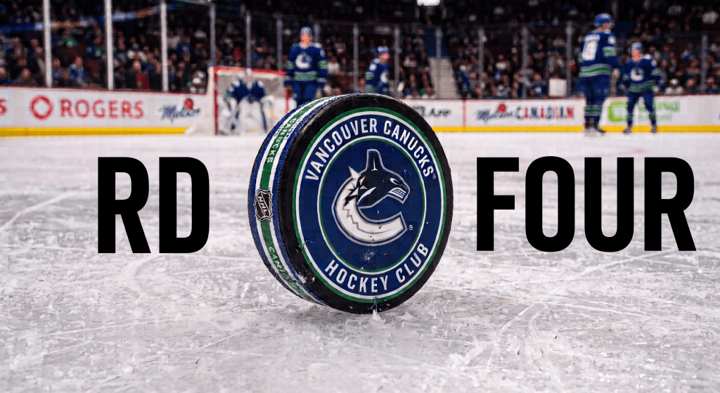 A close-up of a hockey puck on the ice with the Vancouver Canucks logo and the text 'RD FOUR' in bold letters.