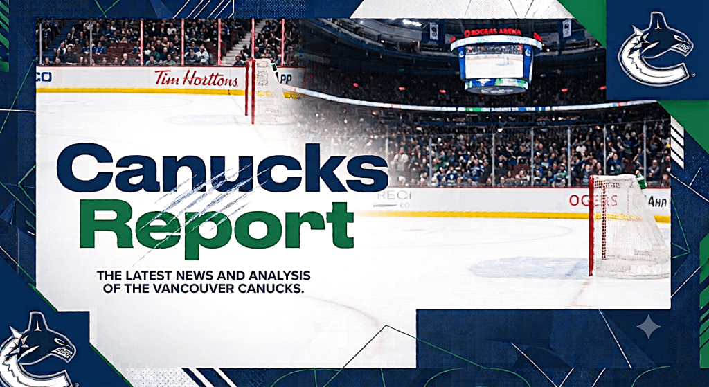 Graphic featuring the title 'Canucks Report' with an ice hockey rink in the background, highlighting news and analysis about the Vancouver Canucks.