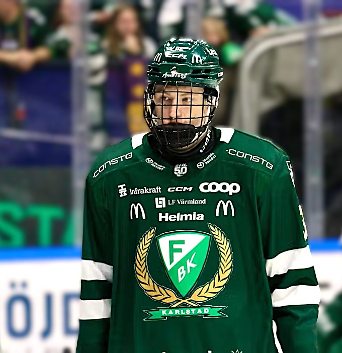 Hockey player in a green and white uniform standing on the ice, wearing a helmet and face guard, with a blurred crowd in the background.